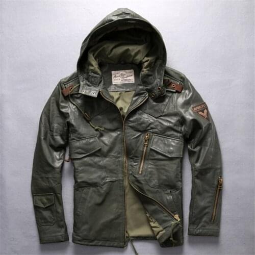 Male Long Hooded Leather Jacket Brand Flight Soft Cowskin Vintage European American Coat Large Size Warm Jacket