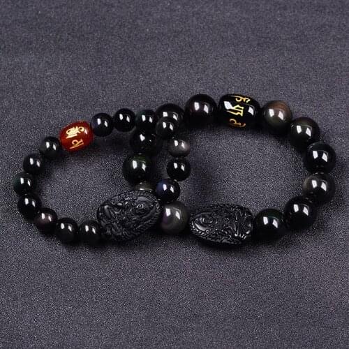JoursNeige Natural Obsidian Stone Bracelet Guardian Mahasthamaprapta Zodiac Horse Natal Buddha Lucky Bracelet for Women Men