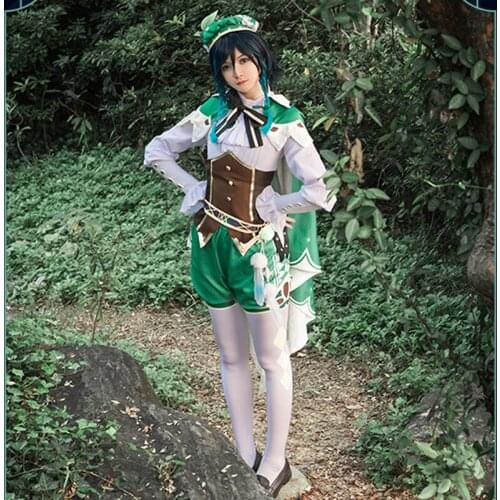 2020 New Game Genshin Impact VENTI Cosplay Costume Battle Suit Womens Halloween Carnival Costumes Uniforms Cloak Hat Full Set