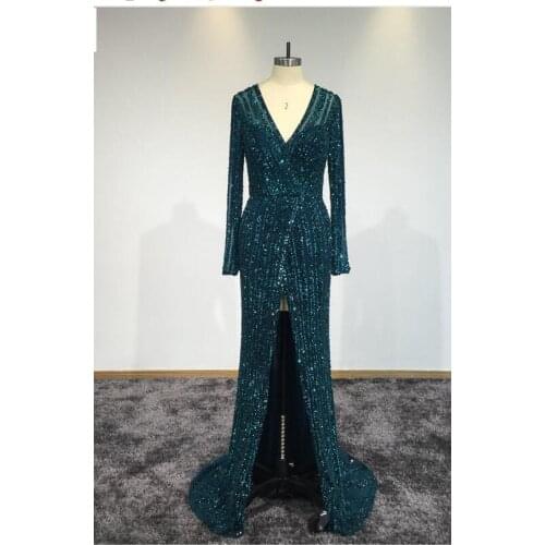 2020 Deep- v neck Real Sample New Dress Luxurious Front Split Mermaid 2021 Dresses Long Sleeve