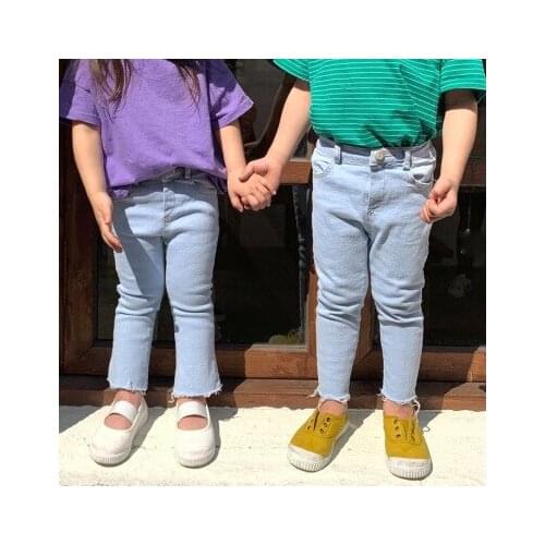 Autumn new Korean childrens clothing girls Japanese and Korean simple personality girls light blue jeans