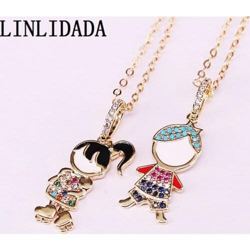 8Pcs Trendy Rainbow Cubic Zirconia Enamel Girl/ Boy Charm Pendant Necklaces Jewelry Gold Color For Women Girl