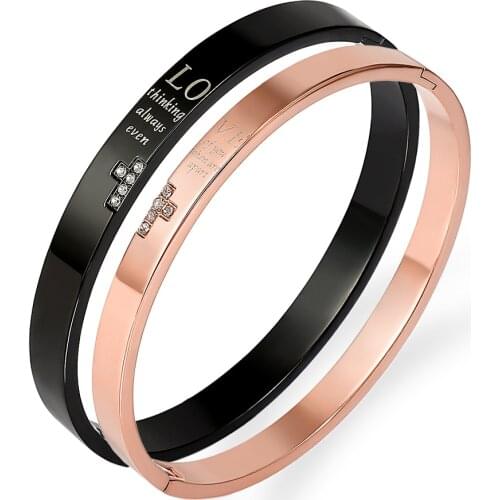 Popular Love Couple Rose Gold Black Color Stainless Steel Bangles Bracelets For Women And Man Open Simple Round Armband Jewelry