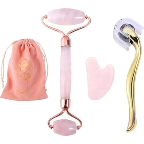 Rose Quartz Roller Facial Massager Powder Crystal Roller Jade Roller Scraper Microneedle Roller Jade Spatula Skin Care Kit Box