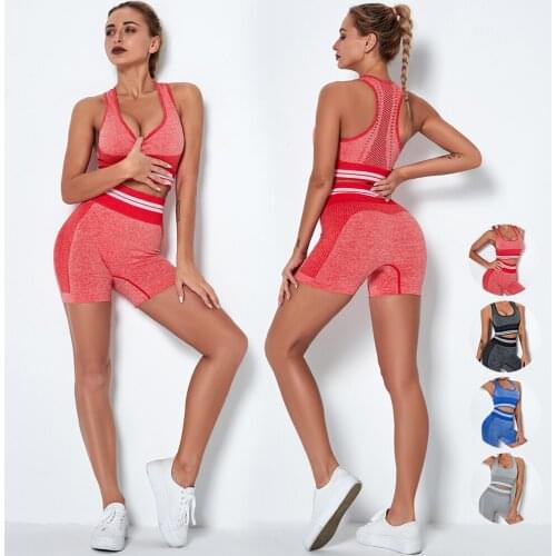 Sexy Bra Seamless Shorts Women Hollow Sport Gym Suit Fitness Activewear Set Workout Running Clothing Gymwear Striped Yoga Set