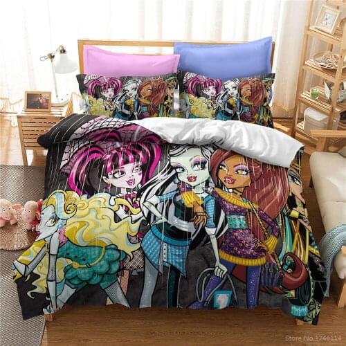 Cute Cartoon Monster High Duvet Cover Set Quilt Cover with Pillowcase Set Queen King Size Bedding Set Bedclothes for Kids Girls