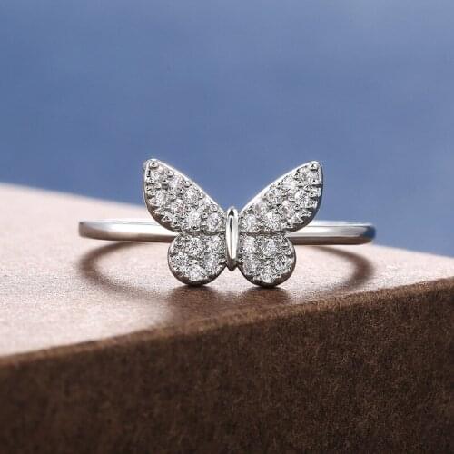 USTAR New CZ Butterfly Rings for women Shiny Rhinestone silver color adjustable Rings Female jewelry Accessories gift