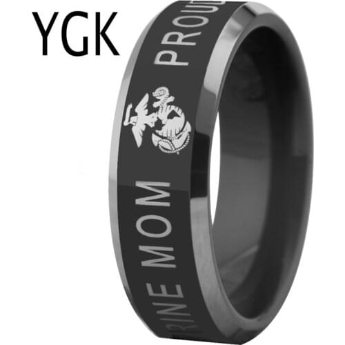 YGK Jewelry Proud MARINE MOM Design Black With Shiny Bevel Tungsten Ring Classic Mens Wedding Engagement Anniversary Gift Ring