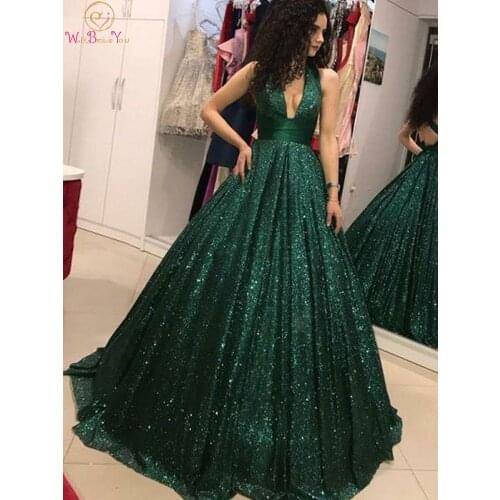 Green A-Line Shiny Sequined Evening Dresses 2020 Sexy V Neck Bakless Elegant Sleeveless Formal Party Prom Gowns vestido de festa