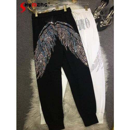2021 Summer New Fashion Wing Pattern Diamond Casual Trousers for Ladies Elastic High Waist Loose Harem Pants Female