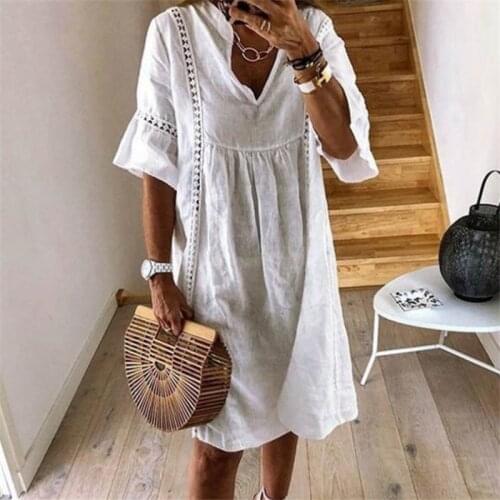 Summer Womens Bohemian Dress Solid Color Stitching Casual Cotton Patchwork Vestidos Linen V-Neck Flared Sleeve Womens Dress