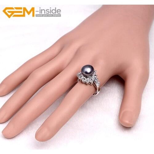 Gem-inside 9-10mm freshwater pearl with rhinestone gold plated ring US size 7 adjustable size For Women Trinket Gift DIY Jewelry