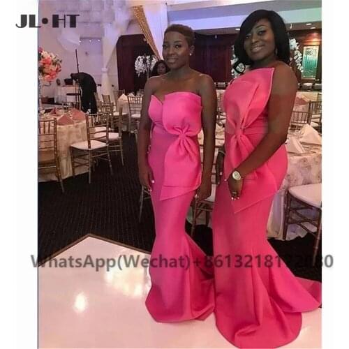 2021 Bright Fuchsia African Wedding Party Gown Long Big Bow Mermaid Bridesmaid Dresses Black Womens Bridesmaid Gowns