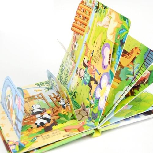 4pcs Childrens story Early education enlightenment 3D stereo flip book Zoo/ kindergarten/amusement park