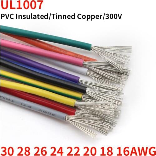 26AWG UL1007 Electron Wire OD 1.3mm PVC Insulated OFC Tinned Copper Conductor Cable Extend Cord DIY Line Environmental Colorful