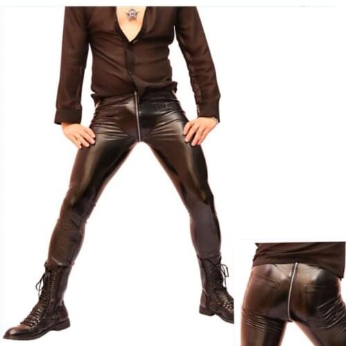 Black personality fashion Sexy high-elastic tight motorcycle faux leather pants mens feet pants pu trousers for men singer stage