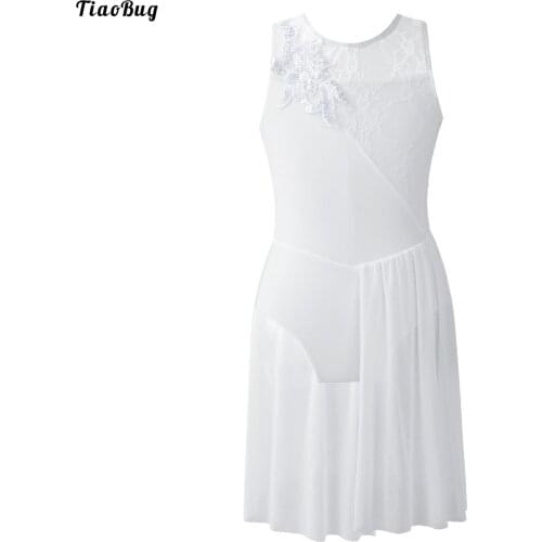 Kids Girls Ballet Dance Stage Performance Costumes Sleeveless Round Neck Sequins Flower Shape Decor Lace Mesh Patchwork Dress