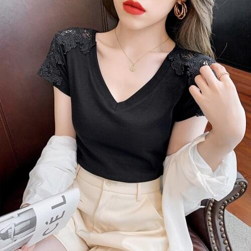 Fashion Hollow out Tshirt Tops Summer casual short Women T-shirts v-neck Harajuku short sleeve tshirt women top gothic