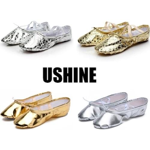 USHINE quality golden silver PU performance yoga belly dance shoes soft sole gym ballet dance shoes children girls woman