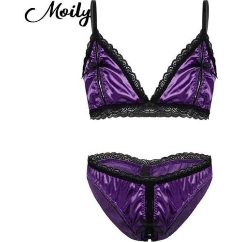 Sexy Lace Sissy Silky Satin Lingerie Set Open Crotch Gay Men Nightwear Sleepwear Adjustable Bra Top Sissy Panties Exotic Sets