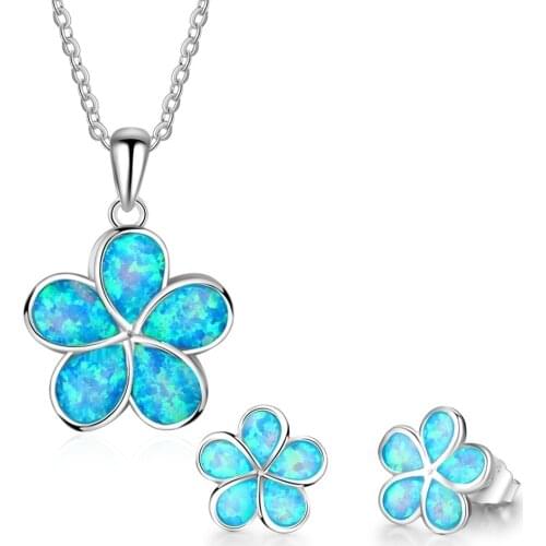 Fashion Cute Sakura Necklace Earrings jewelry set Trendy women Fire Opal Stud Earring and Pendant Necklace for girl best gift