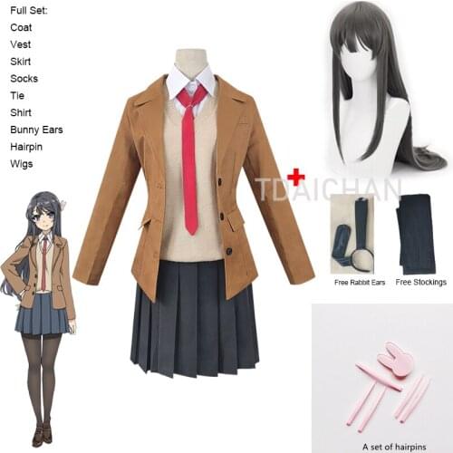Anime Sakurajima Mai Cosplay Costume Rascal Does Not Dream of Bunny Girl Senpai Mai Cosplay Wig and Bunny Ears Headwear Uniforms