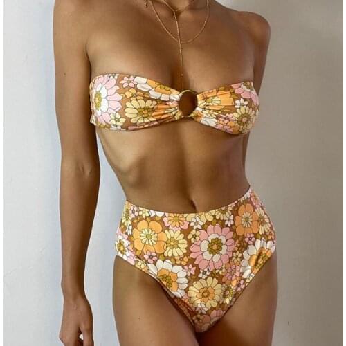 2021 Yiiciovy New Summer Womens Sexy Two Piece Floral Print Bikini Bathing Suits Sexy Strapless High Waist Beachwear Swimsuits