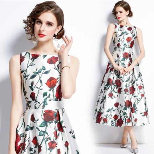Summer New Womens Clothing Sleeveless High Waist 3D Cutting Tight Waist Slim Print A- line Vest Dress
