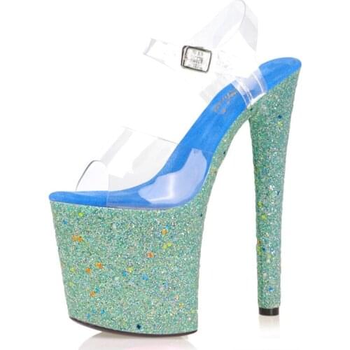 Mclubgirl Sequin Nightclub High Heels Transparent 20CM Green Sexy Model Catwalk Nightclub Fish Mouth Sandals Summer LYP