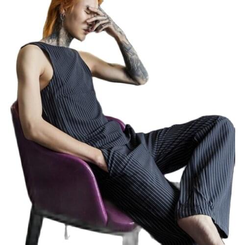 Men nightclub fashion stripe tank top pants 2 piece set stage costume men white sleeveless shirt trousers work clothes tracksuit