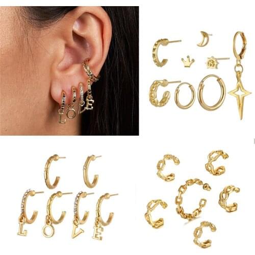 Boho Multi-Element Gold Crystal Set Earring For Women Moon Star Pendant Piercing Geometric Stud Earrings Fashion Jewelry 2020