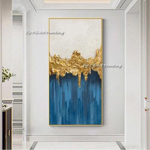 Newest Handmade Abstract Golden Blue Modern Art Oil Painting On Canvas Wall Decor Nordic Cuadros Picture For Living Room