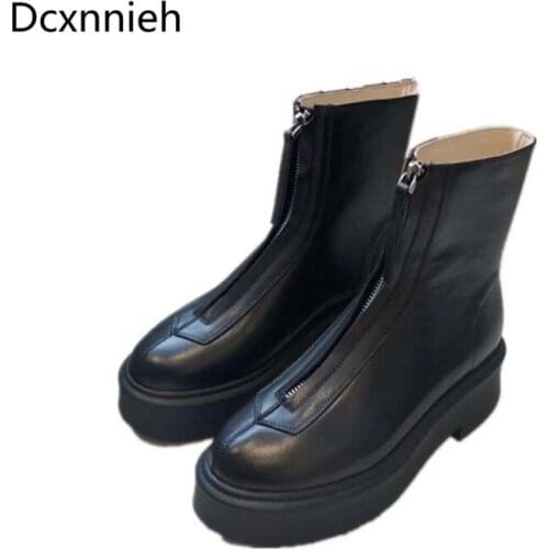 New Thick Sole Ankle Boots Women Front Zip Platform Shoes Woman Casual Short Boots White Black Cow Leather Motorcycle Boot Woman