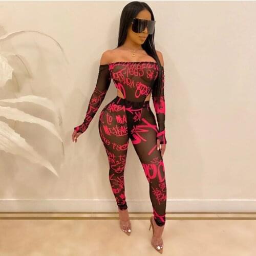 BKLD New One-shoulder Letter Printing Jumpsuit + Long Pants Two Piece Sets Women Sexy Mesh Perspective Suits Fashion Streetwear