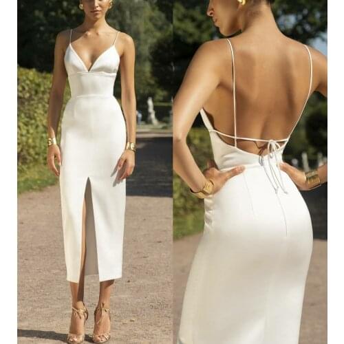 Sexy V-Neck Straight Long White Prom Dresses Criss Cross Back Robe De Soiree Tea Length White Formal Party Gown for Women