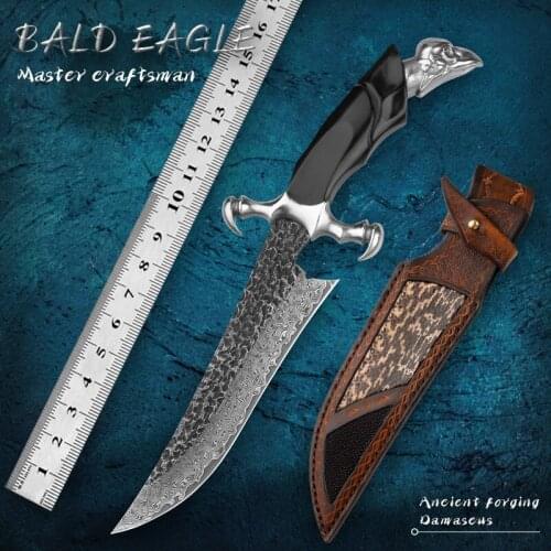 HUANGFU Damascus steel camping rescue straight knife outdoor self-defense knife tactical military knife survival knife