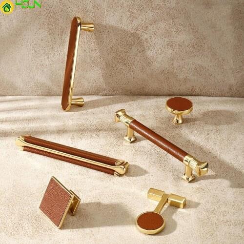 Drawer Cabinet Handle Knob Metal Zinc Gold Leather Bronze High Luxury Italy House Home Furniture Wardrobe Door Pull
