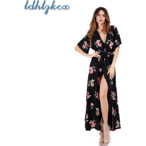 Sexy Dress Women Floral Short Sleeve Beach Dresses 2019 New Spring Summer Fashion V Neck Slim Maxi Dress Vestidos Feminina JD39
