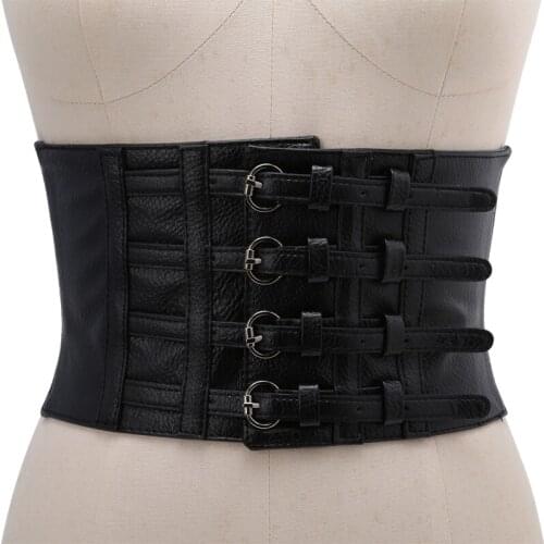 Retro Lady Waist Shape Corset Wide Elastic Faux Leather Belt Stretch Waistband Adjustable
