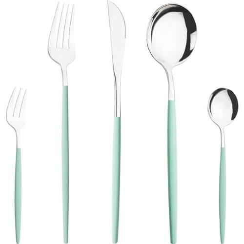 Silverware Mint Green Silver 5pcs/set Dinnerware Cutlery Knife Cake Fork Coffee Tea Spoon Stainless Steel Flatware Tableware Set