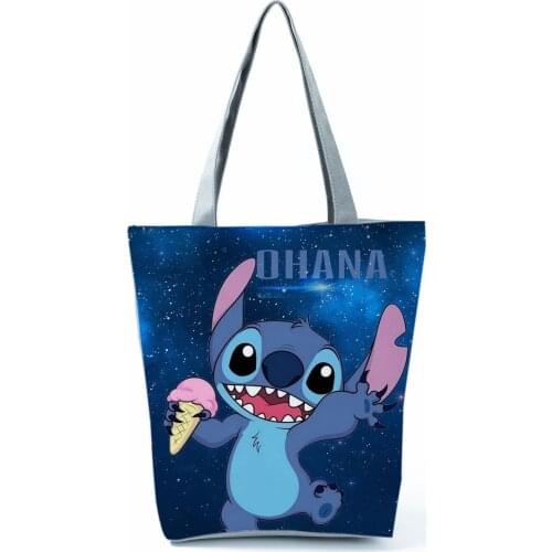 Disney Lilo Stitch Cute Cartoon Printed Handbag High Capacity Eco Reusable Shoppaing Bag Blue Starry Sky Travel Beach Tote Bag