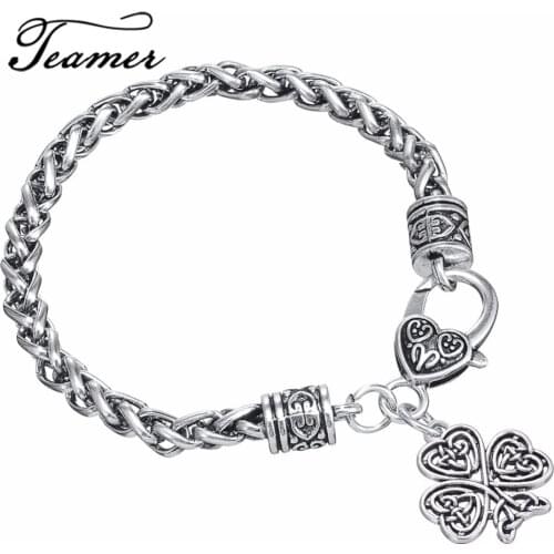 Teamer Restro Heart Knot Four Leaf Clover Bracelet Antique Good Luck Wicca Talisman for Man/woman Jewelry