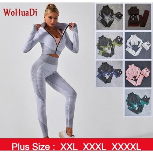 WOHUADI Womens Clothing Set Yoga Sets Female Sport Gym Wear Fitness Long Sleeve Shirt+Bra+Leggings Plus Size XXL/3XL/4XL