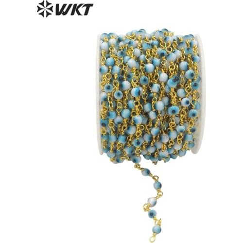WT-RBC15 Wholesale gold and black gund electroplated 4 mm glass evil eye beads chain for jewelry making chain round rosary eye