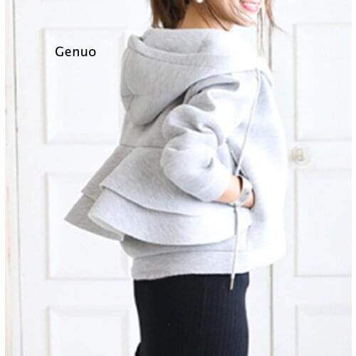 Women Hoodie 2021 Japan Style Ruffles Short Coats Zipper Hooded Solid Outwear Ladies Sweatshirt Casual Top Out Clothes