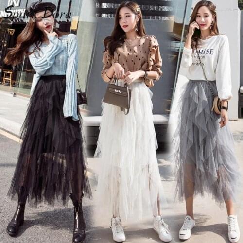 SparkDora Spring 2020 Fairy Temperament New Yarn Skirt Womens Skirt Korean Elastic Waist Mesh Irregular Skirt