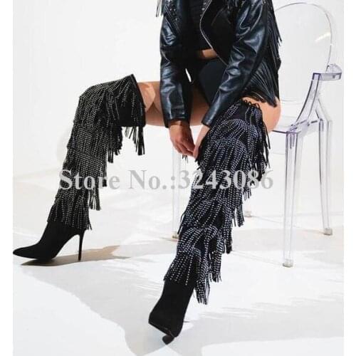 Women Crystal Tassel Long Boots Fashion New Rhinestone Fringe Over the Knee Boots Lady Sexy Thigh High Banquet Boots Dropship