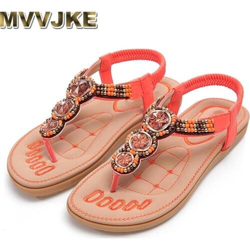 MVVJKE Women Sandals Gemstone Beaded Slippers Summer Beach Sandals Women Flip Flops Lady Flat Sandals String Bead Shoes