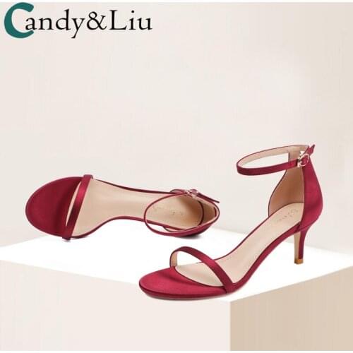 Sexy Banquet High Heels Female 2021 Summer Temperament Wine Red 6cm Satin Toe with Sandals
