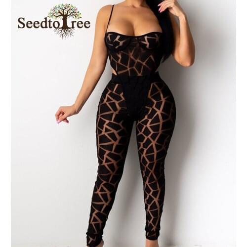 Sexy Spaghetti Strap Skinny Rompers Bodysuit & Elastic High Waist Pants Set See Through Women 2 Piece Set Night Party Clubwear